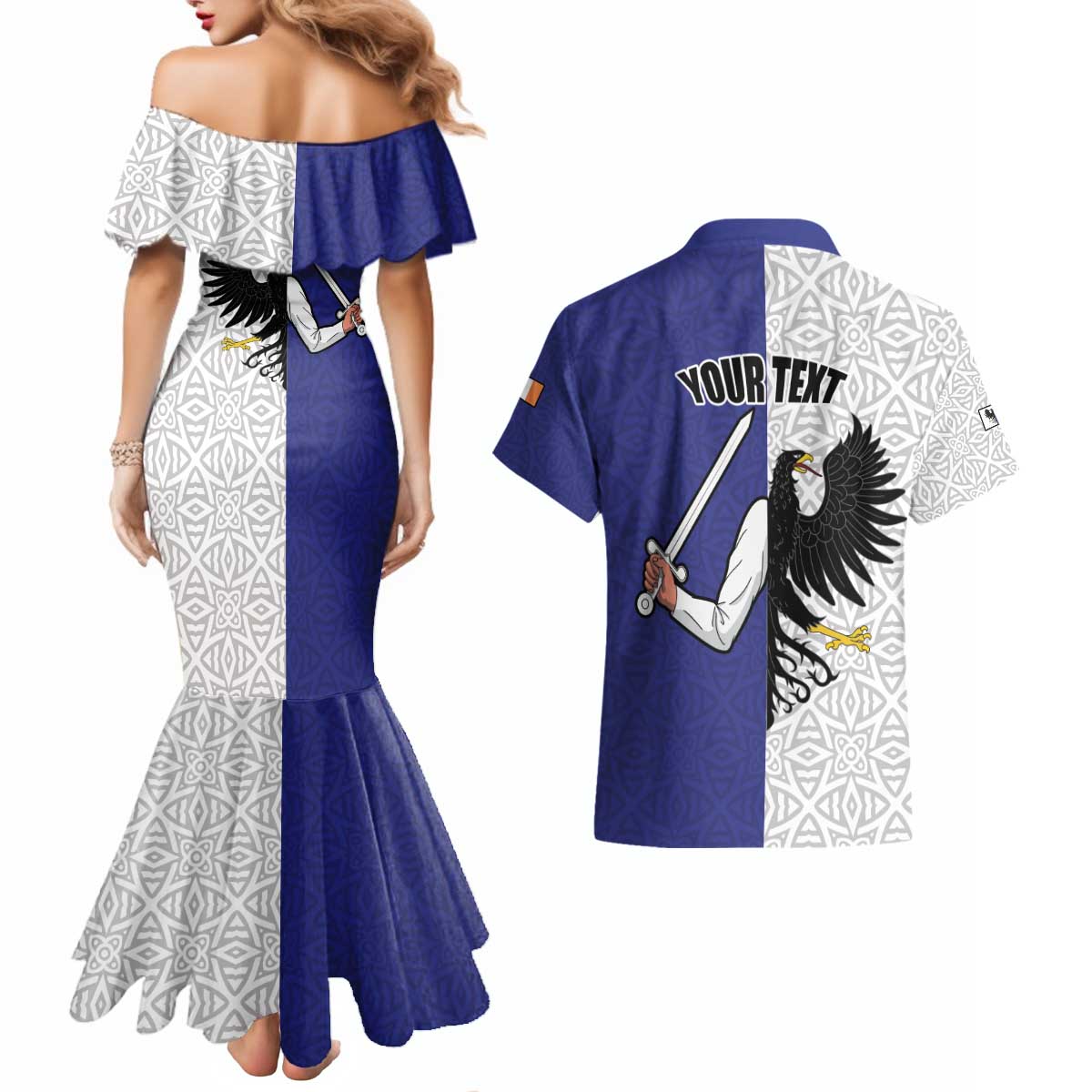 Personalized Ireland Connacht Black Eagle and Armed hand Couples Matching Mermaid Dress and Hawaiian Shirt Connachta Flag Style with Celtic Patern
