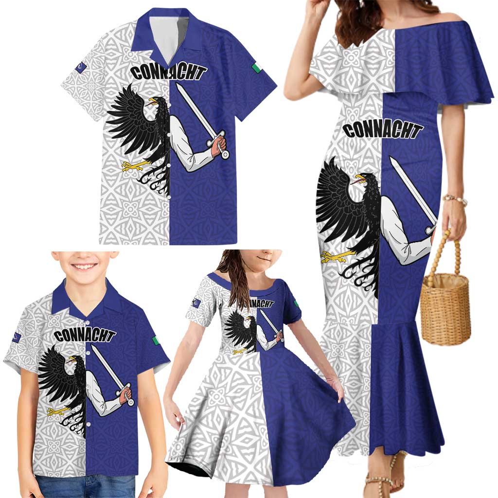 Personalized Ireland Connacht Black Eagle and Armed hand Family Matching Mermaid Dress and Hawaiian Shirt Connachta Flag Style with Celtic Patern