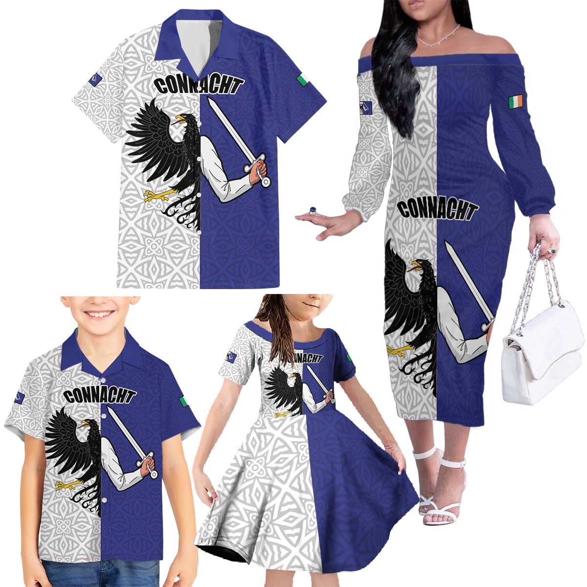 Personalized Ireland Connacht Black Eagle and Armed hand Family Matching Off The Shoulder Long Sleeve Dress and Hawaiian Shirt Connachta Flag Style with Celtic Patern