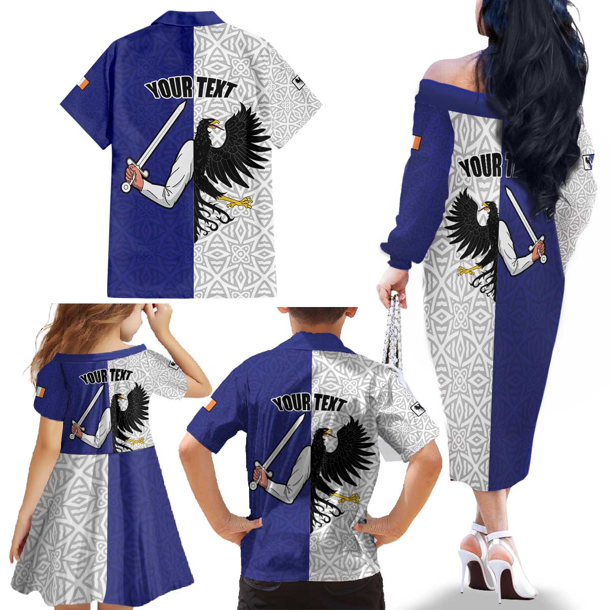 Personalized Ireland Connacht Black Eagle and Armed hand Family Matching Off The Shoulder Long Sleeve Dress and Hawaiian Shirt Connachta Flag Style with Celtic Patern