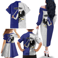 Personalized Ireland Connacht Black Eagle and Armed hand Family Matching Off The Shoulder Long Sleeve Dress and Hawaiian Shirt Connachta Flag Style with Celtic Patern