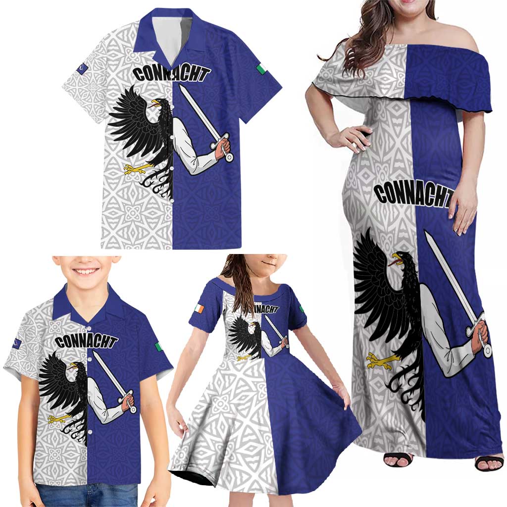 Personalized Ireland Connacht Black Eagle and Armed hand Family Matching Off Shoulder Maxi Dress and Hawaiian Shirt Connachta Flag Style with Celtic Patern