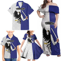Personalized Ireland Connacht Black Eagle and Armed hand Family Matching Off Shoulder Maxi Dress and Hawaiian Shirt Connachta Flag Style with Celtic Patern