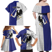 Personalized Ireland Connacht Black Eagle and Armed hand Family Matching Off Shoulder Maxi Dress and Hawaiian Shirt Connachta Flag Style with Celtic Patern