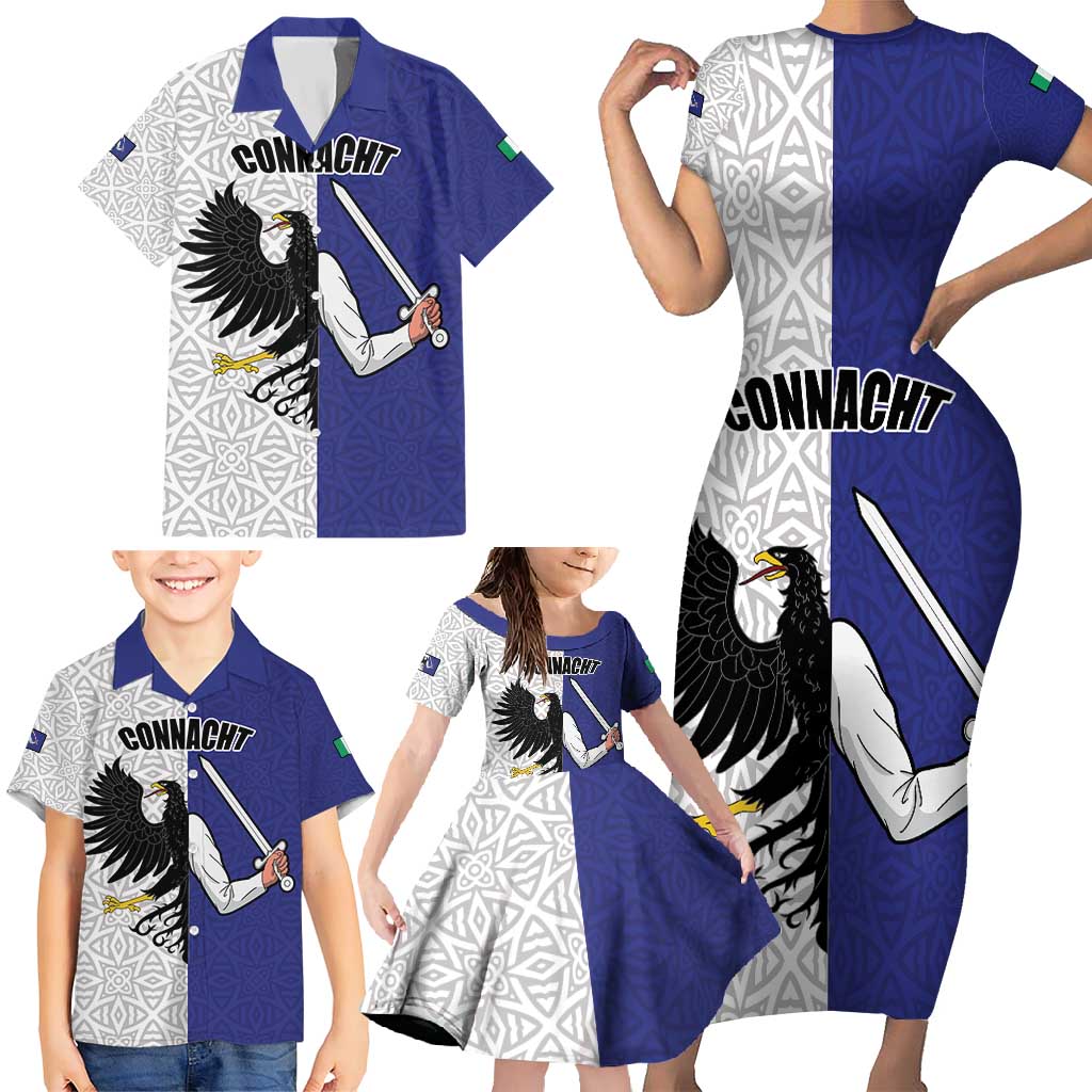 Personalized Ireland Connacht Black Eagle and Armed hand Family Matching Short Sleeve Bodycon Dress and Hawaiian Shirt Connachta Flag Style with Celtic Patern