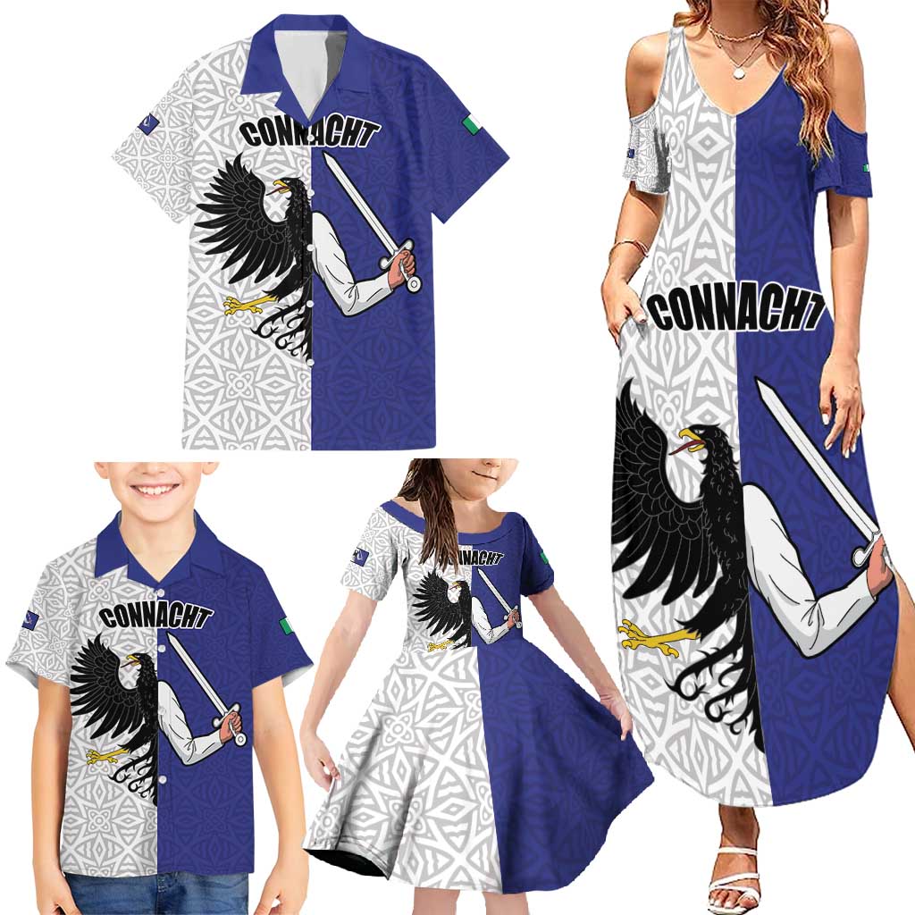 Personalized Ireland Connacht Black Eagle and Armed hand Family Matching Summer Maxi Dress and Hawaiian Shirt Connachta Flag Style with Celtic Patern