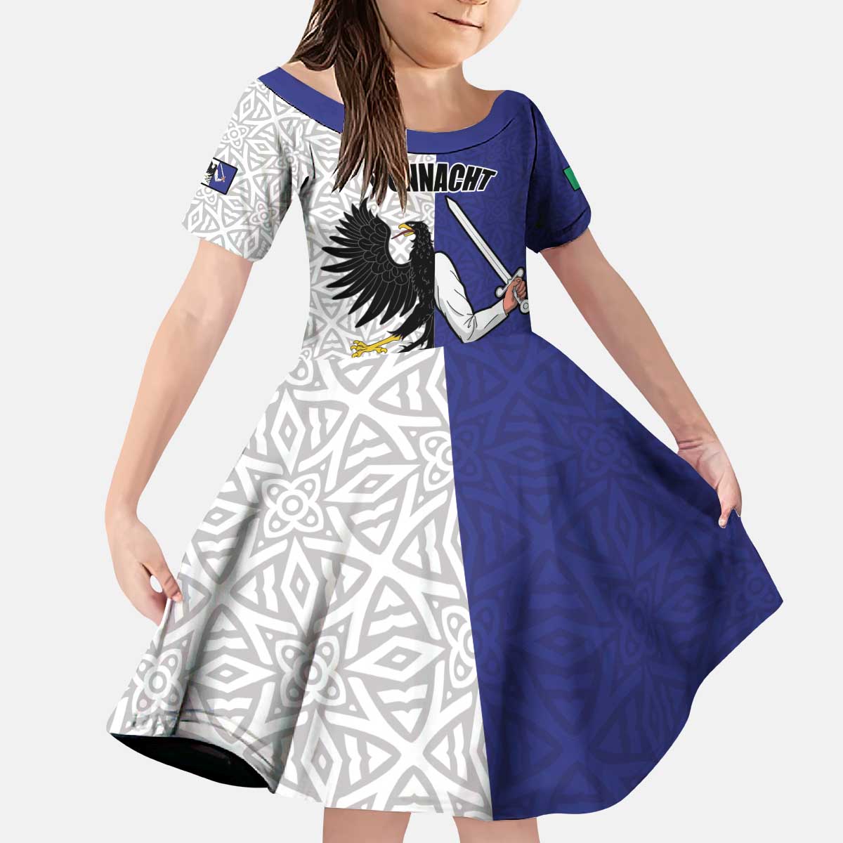 Personalized Ireland Connacht Black Eagle and Armed hand Kid Short Sleeve Dress Connachta Flag Style with Celtic Patern
