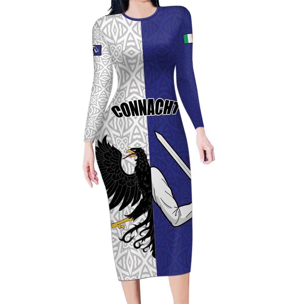 Personalized Ireland Connacht Black Eagle and Armed hand Long Sleeve Bodycon Dress Connachta Flag Style with Celtic Patern