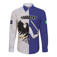 Personalized Ireland Connacht Black Eagle and Armed hand Long Sleeve Button Shirt Connachta Flag Style with Celtic Patern