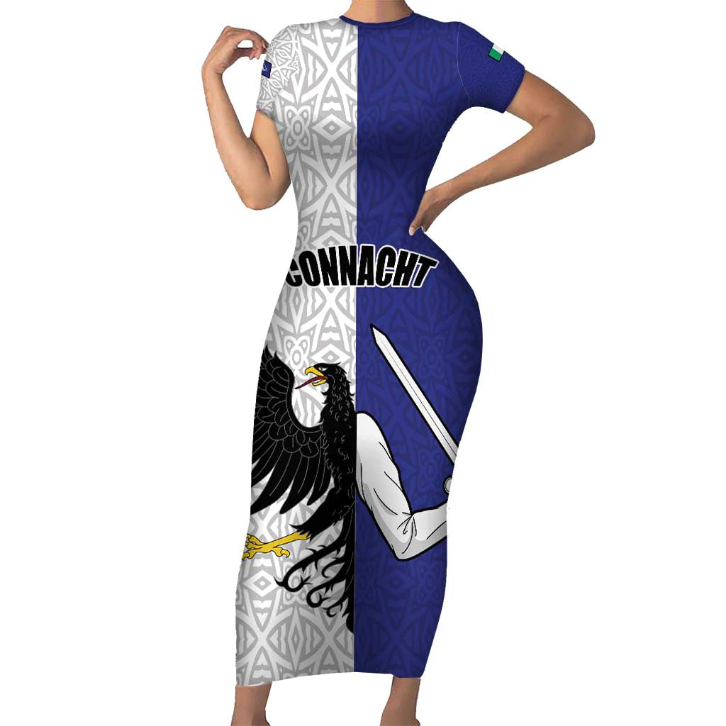 Personalized Ireland Connacht Black Eagle and Armed hand Short Sleeve Bodycon Dress Connachta Flag Style with Celtic Patern