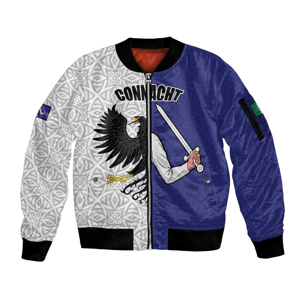Personalized Ireland Connacht Black Eagle and Armed hand Sleeve Zip Bomber Jacket Connachta Flag Style with Celtic Patern