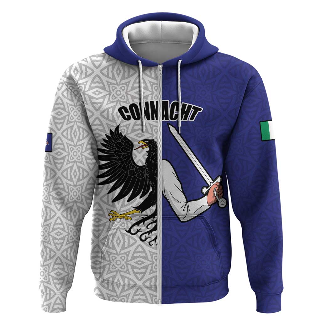 Personalized Ireland Connacht Black Eagle and Armed hand Zip Hoodie Connachta Flag Style with Celtic Patern