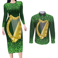 Ireland Leinster Gold Irish Harp with Shamrock Couples Matching Long Sleeve Bodycon Dress and Long Sleeve Button Shirt Laighin Flag With Shamrock Patern