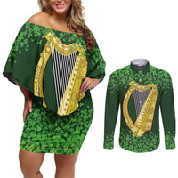 Ireland Leinster Gold Irish Harp with Shamrock Couples Matching Off Shoulder Short Dress and Long Sleeve Button Shirt Laighin Flag With Shamrock Patern