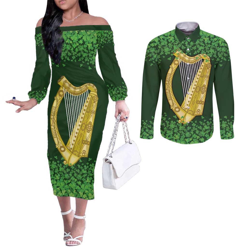 Ireland Leinster Gold Irish Harp with Shamrock Couples Matching Off The Shoulder Long Sleeve Dress and Long Sleeve Button Shirt Laighin Flag With Shamrock Patern