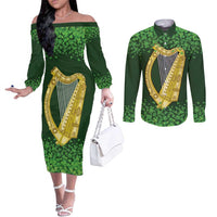 Ireland Leinster Gold Irish Harp with Shamrock Couples Matching Off The Shoulder Long Sleeve Dress and Long Sleeve Button Shirt Laighin Flag With Shamrock Patern