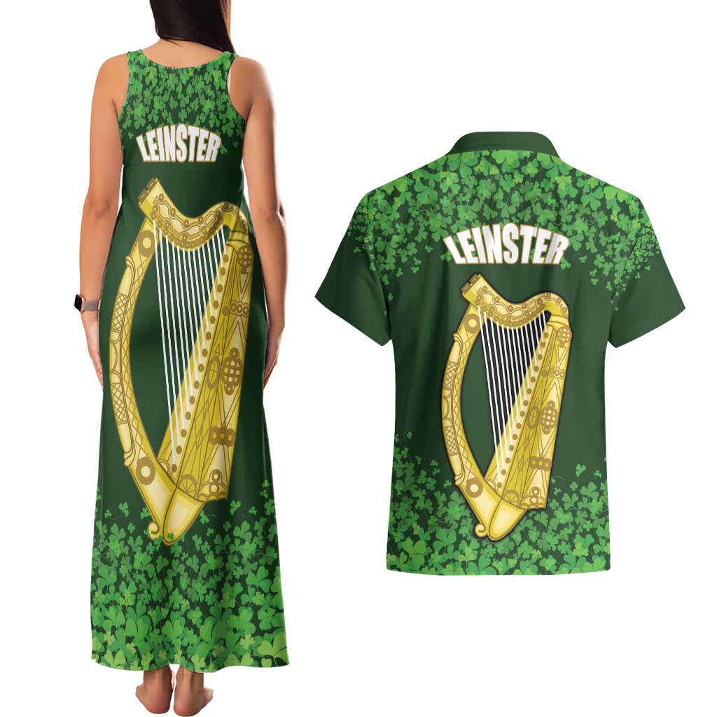 Ireland Leinster Gold Irish Harp with Shamrock Couples Matching Tank Maxi Dress and Hawaiian Shirt Laighin Flag With Shamrock Patern