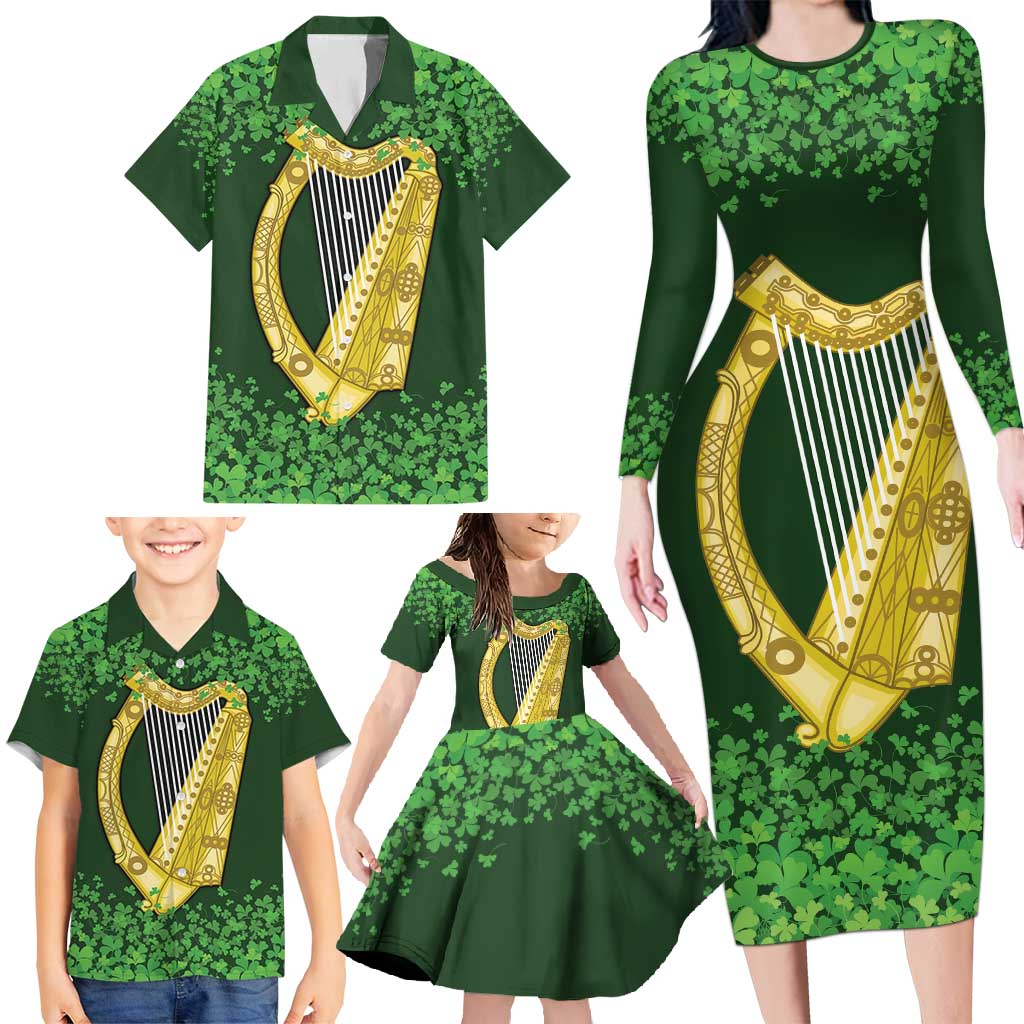 Ireland Leinster Gold Irish Harp with Shamrock Family Matching Long Sleeve Bodycon Dress and Hawaiian Shirt Laighin Flag With Shamrock Patern