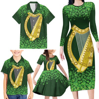 Ireland Leinster Gold Irish Harp with Shamrock Family Matching Long Sleeve Bodycon Dress and Hawaiian Shirt Laighin Flag With Shamrock Patern