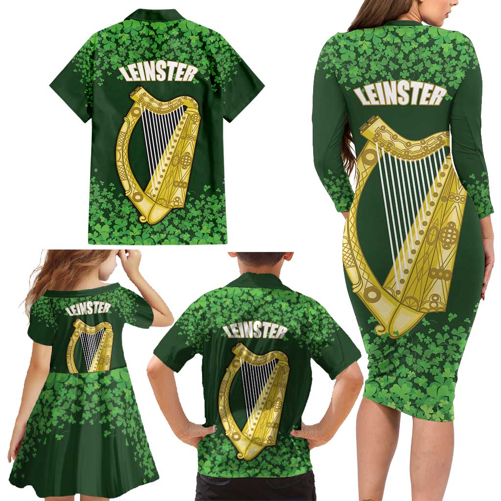 Ireland Leinster Gold Irish Harp with Shamrock Family Matching Long Sleeve Bodycon Dress and Hawaiian Shirt Laighin Flag With Shamrock Patern