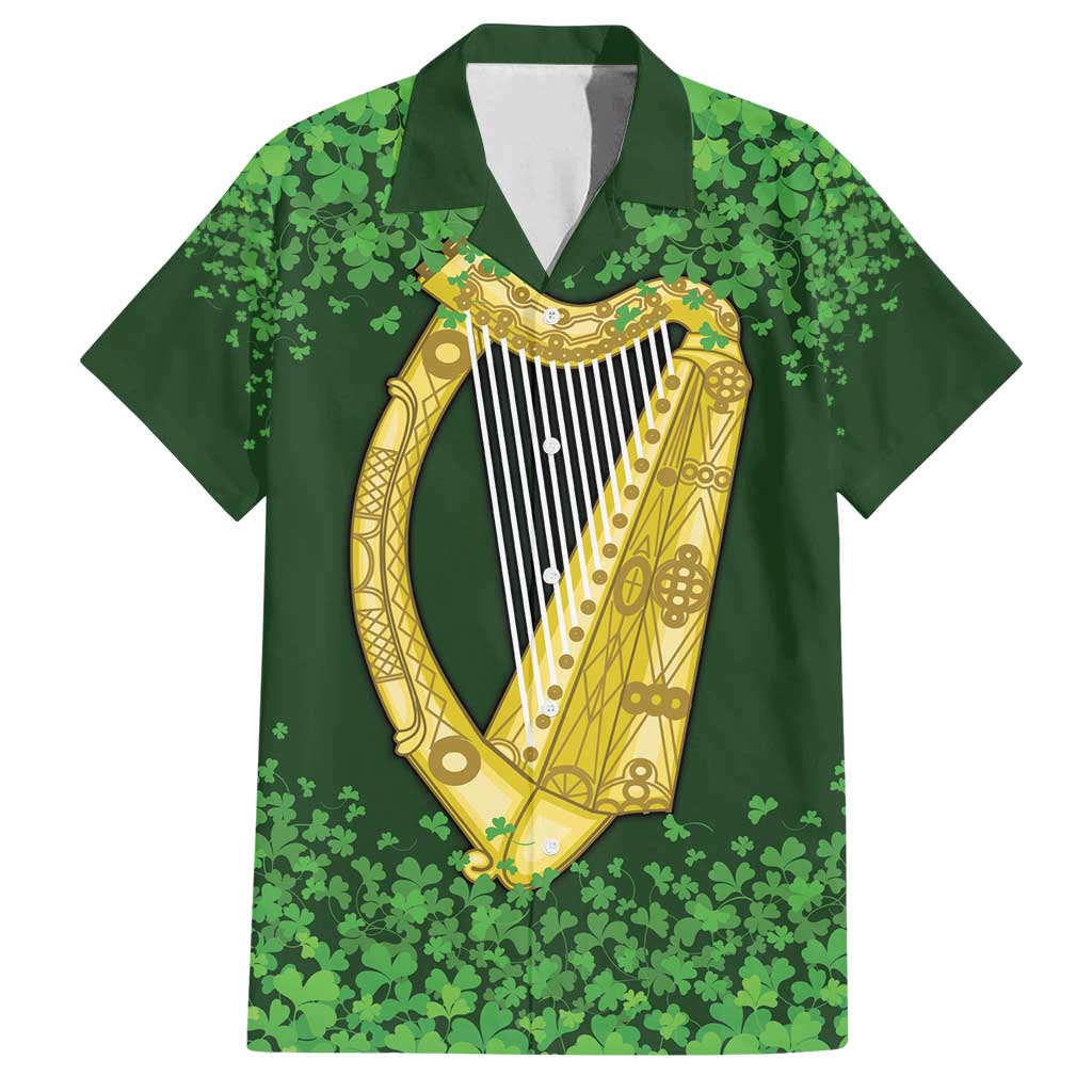 Ireland Leinster Gold Irish Harp with Shamrock Family Matching Long Sleeve Bodycon Dress and Hawaiian Shirt Laighin Flag With Shamrock Patern