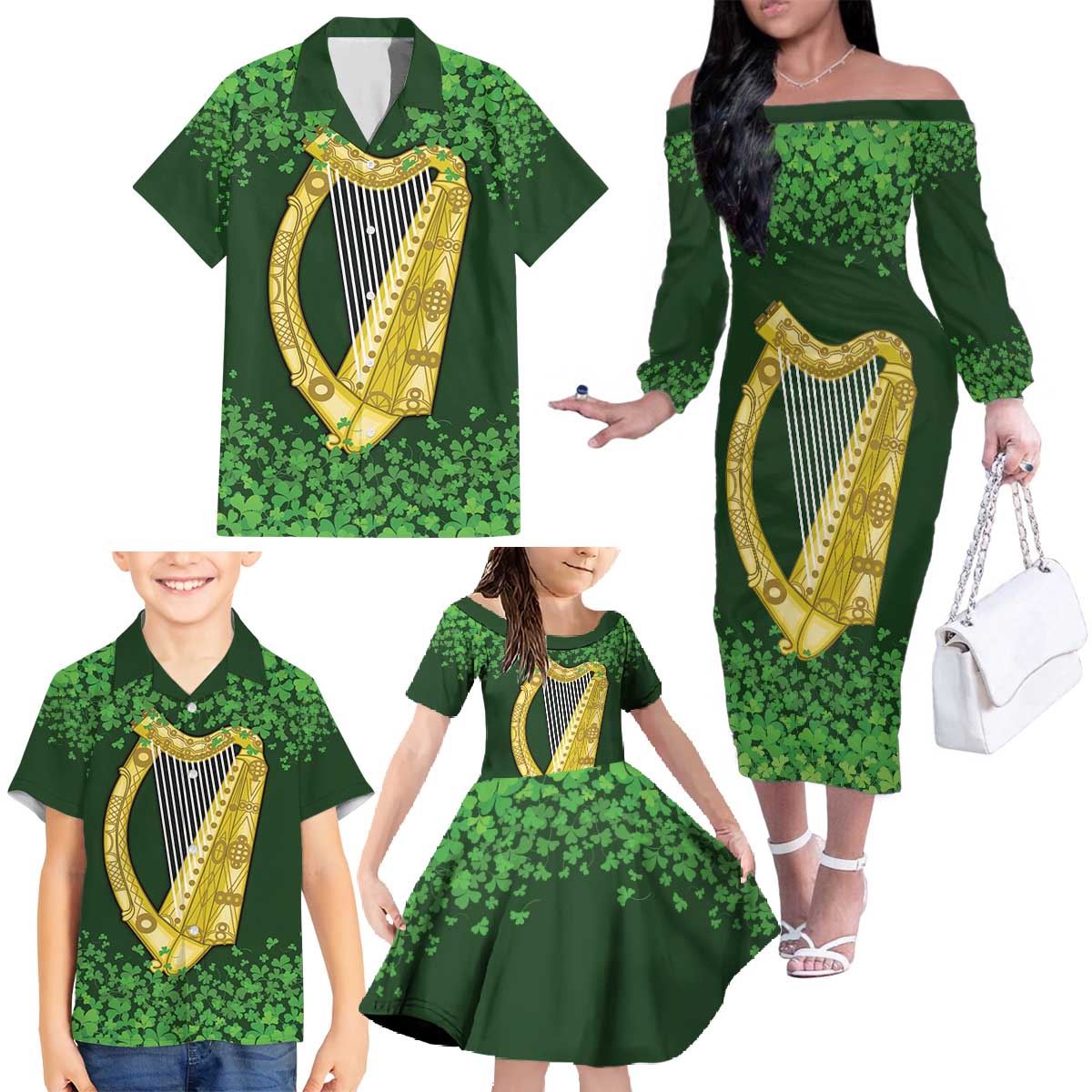 Ireland Leinster Gold Irish Harp with Shamrock Family Matching Off The Shoulder Long Sleeve Dress and Hawaiian Shirt Laighin Flag With Shamrock Patern
