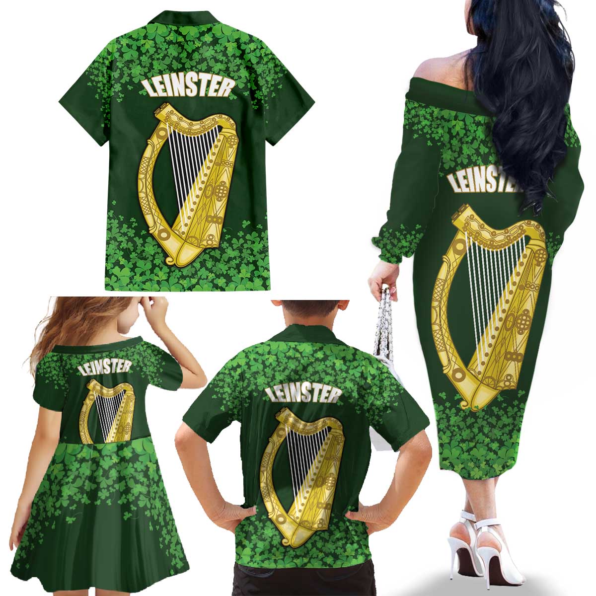 Ireland Leinster Gold Irish Harp with Shamrock Family Matching Off The Shoulder Long Sleeve Dress and Hawaiian Shirt Laighin Flag With Shamrock Patern