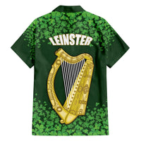 Ireland Leinster Gold Irish Harp with Shamrock Family Matching Off The Shoulder Long Sleeve Dress and Hawaiian Shirt Laighin Flag With Shamrock Patern