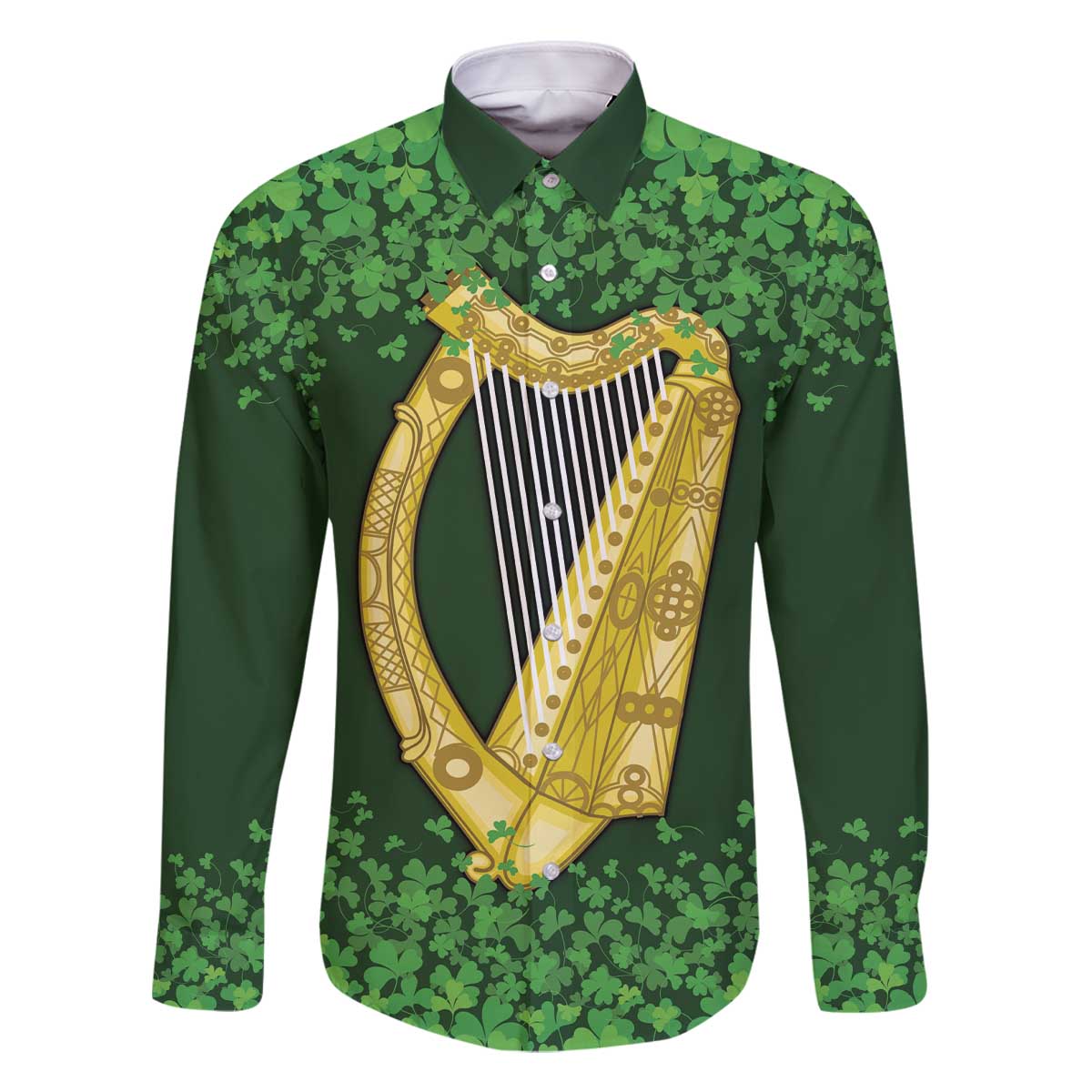 Ireland Leinster Gold Irish Harp with Shamrock Family Matching Off The Shoulder Long Sleeve Dress and Hawaiian Shirt Laighin Flag With Shamrock Patern
