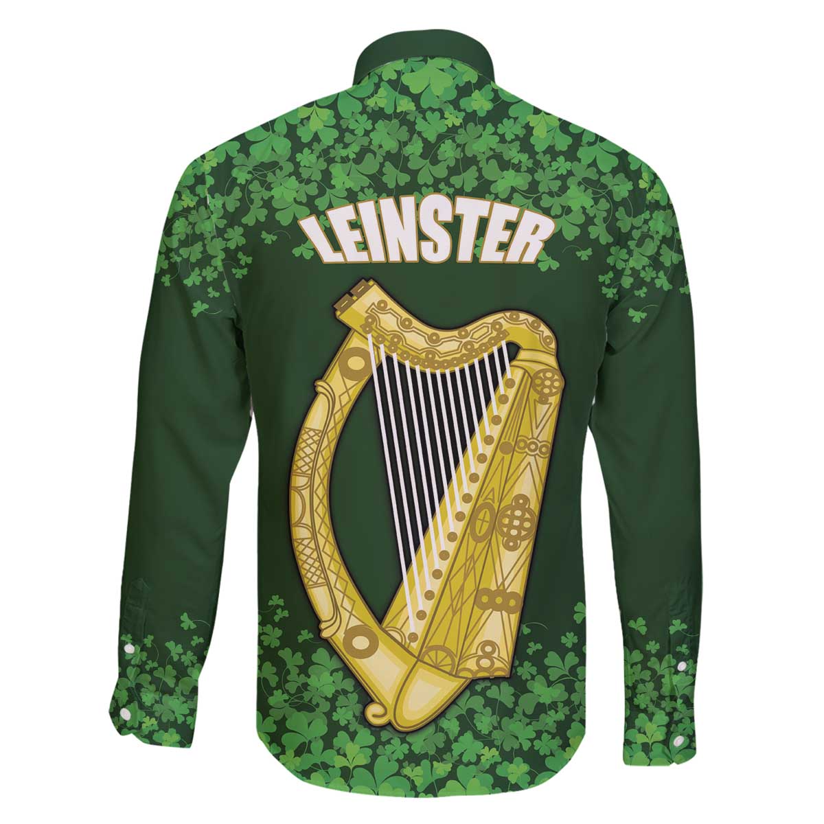 Ireland Leinster Gold Irish Harp with Shamrock Family Matching Off The Shoulder Long Sleeve Dress and Hawaiian Shirt Laighin Flag With Shamrock Patern