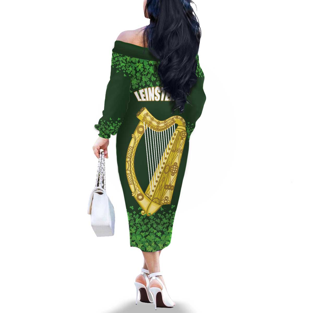 Ireland Leinster Gold Irish Harp with Shamrock Family Matching Off The Shoulder Long Sleeve Dress and Hawaiian Shirt Laighin Flag With Shamrock Patern