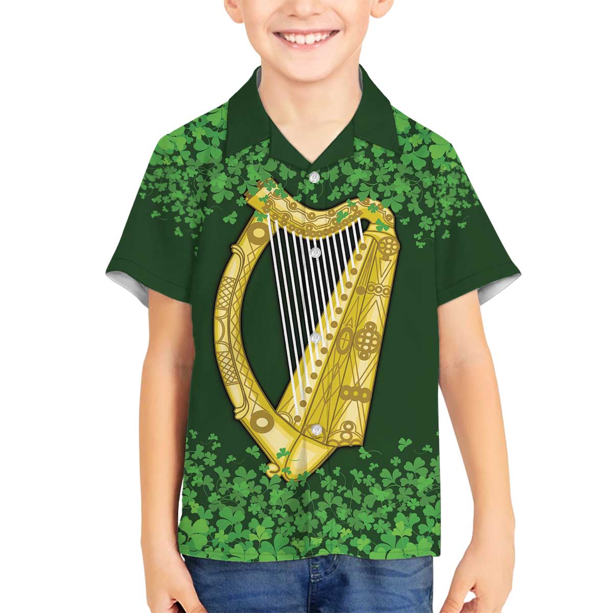 Ireland Leinster Gold Irish Harp with Shamrock Family Matching Off The Shoulder Long Sleeve Dress and Hawaiian Shirt Laighin Flag With Shamrock Patern