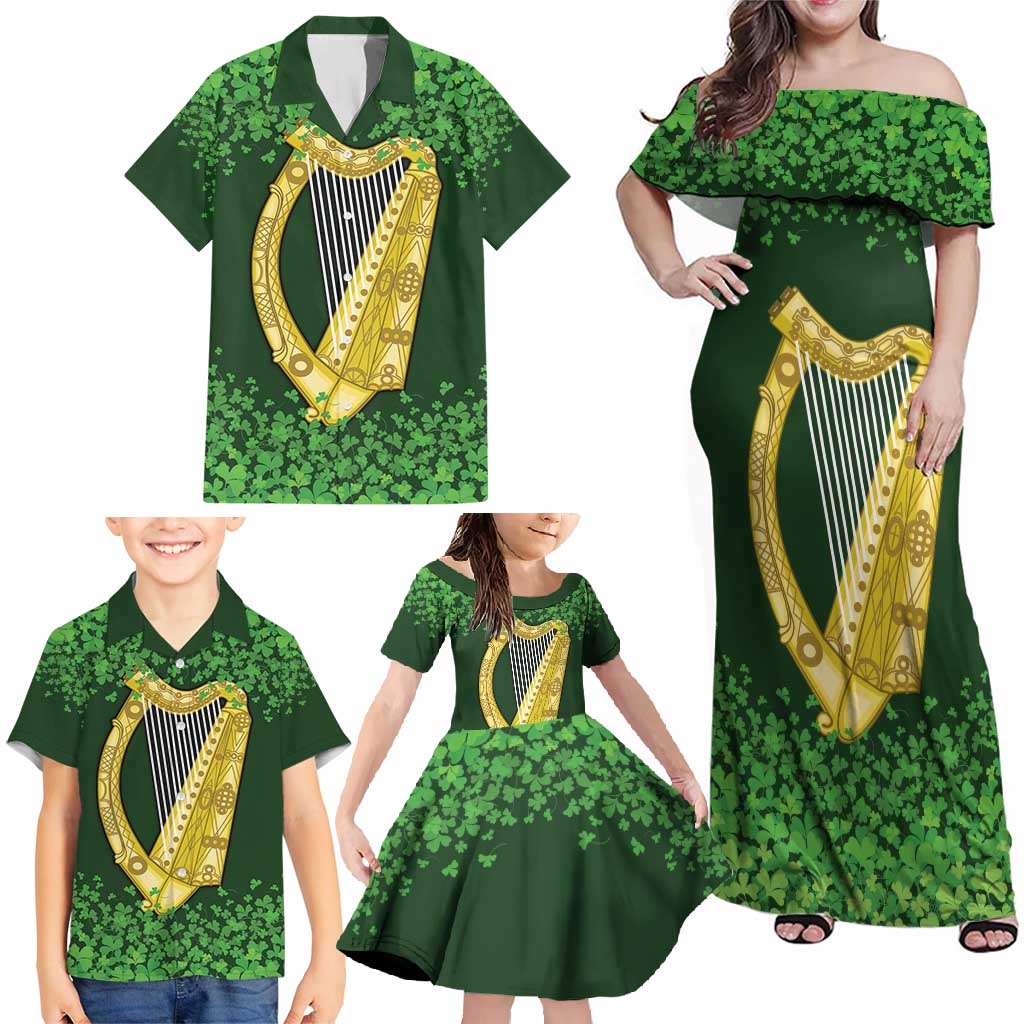 Ireland Leinster Gold Irish Harp with Shamrock Family Matching Off Shoulder Maxi Dress and Hawaiian Shirt Laighin Flag With Shamrock Patern