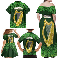 Ireland Leinster Gold Irish Harp with Shamrock Family Matching Off Shoulder Maxi Dress and Hawaiian Shirt Laighin Flag With Shamrock Patern