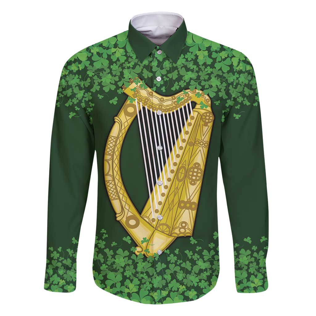 Ireland Leinster Gold Irish Harp with Shamrock Family Matching Off Shoulder Maxi Dress and Hawaiian Shirt Laighin Flag With Shamrock Patern