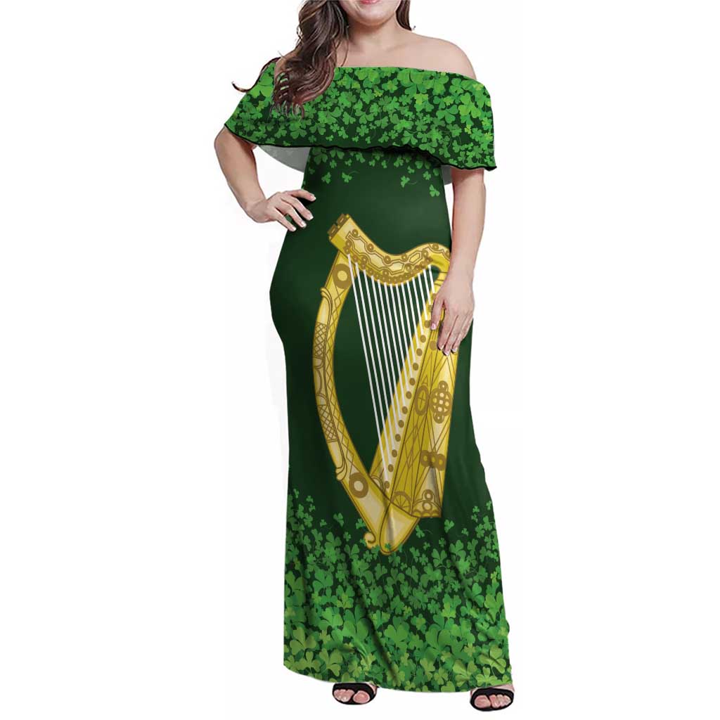 Ireland Leinster Gold Irish Harp with Shamrock Family Matching Off Shoulder Maxi Dress and Hawaiian Shirt Laighin Flag With Shamrock Patern