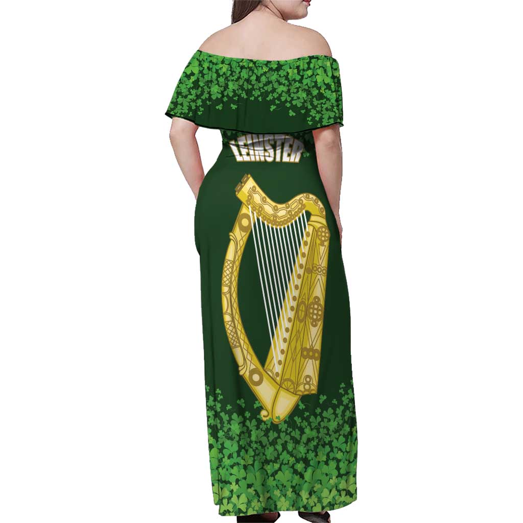 Ireland Leinster Gold Irish Harp with Shamrock Family Matching Off Shoulder Maxi Dress and Hawaiian Shirt Laighin Flag With Shamrock Patern