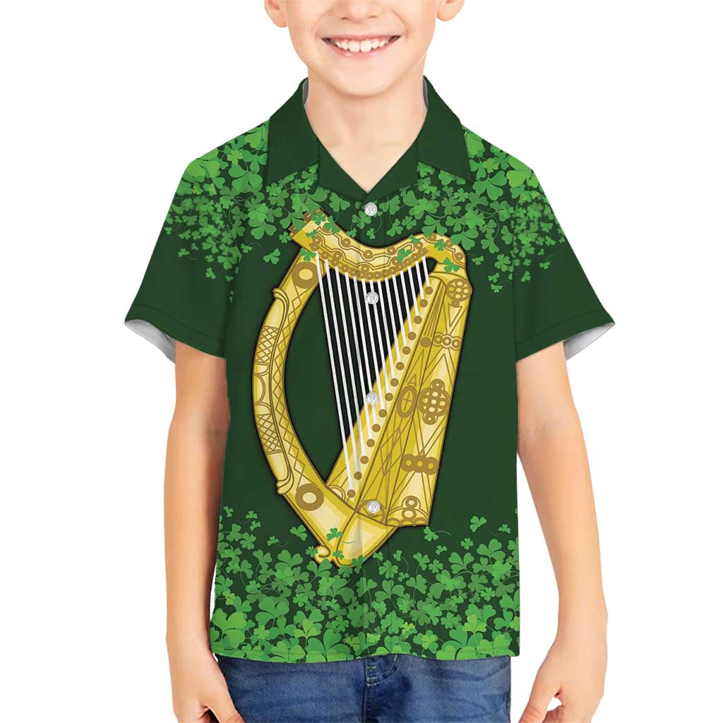 Ireland Leinster Gold Irish Harp with Shamrock Family Matching Off Shoulder Maxi Dress and Hawaiian Shirt Laighin Flag With Shamrock Patern