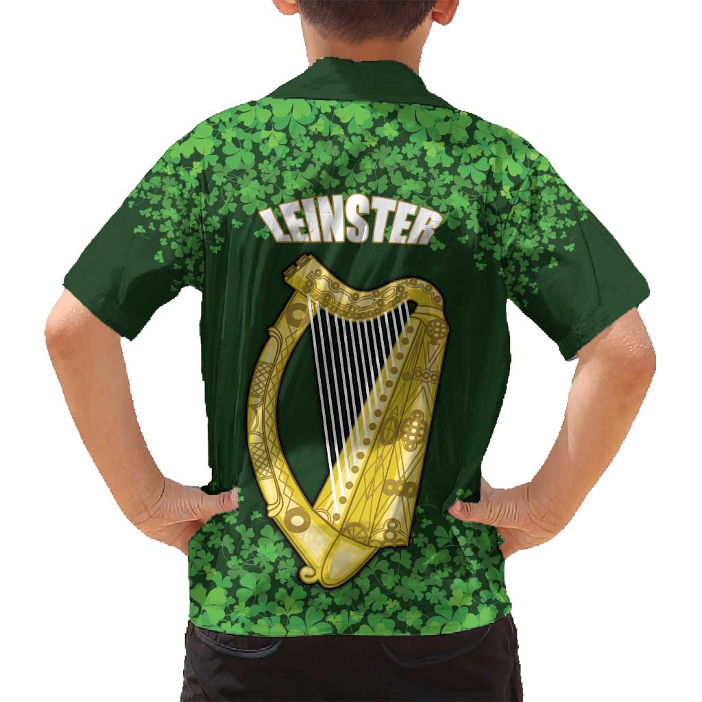 Ireland Leinster Gold Irish Harp with Shamrock Family Matching Off Shoulder Short Dress and Hawaiian Shirt Laighin Flag With Shamrock Patern
