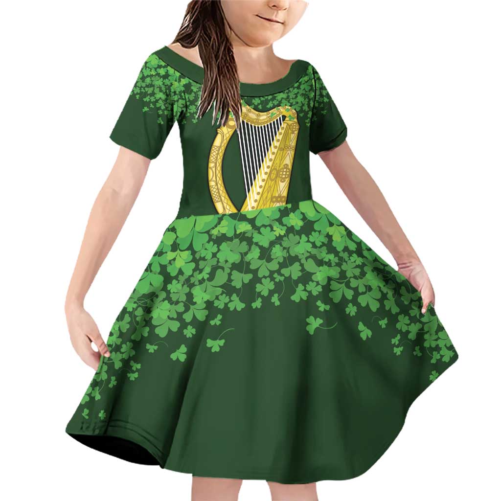 Ireland Leinster Gold Irish Harp with Shamrock Family Matching Off Shoulder Short Dress and Hawaiian Shirt Laighin Flag With Shamrock Patern
