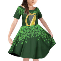 Ireland Leinster Gold Irish Harp with Shamrock Family Matching Off Shoulder Short Dress and Hawaiian Shirt Laighin Flag With Shamrock Patern