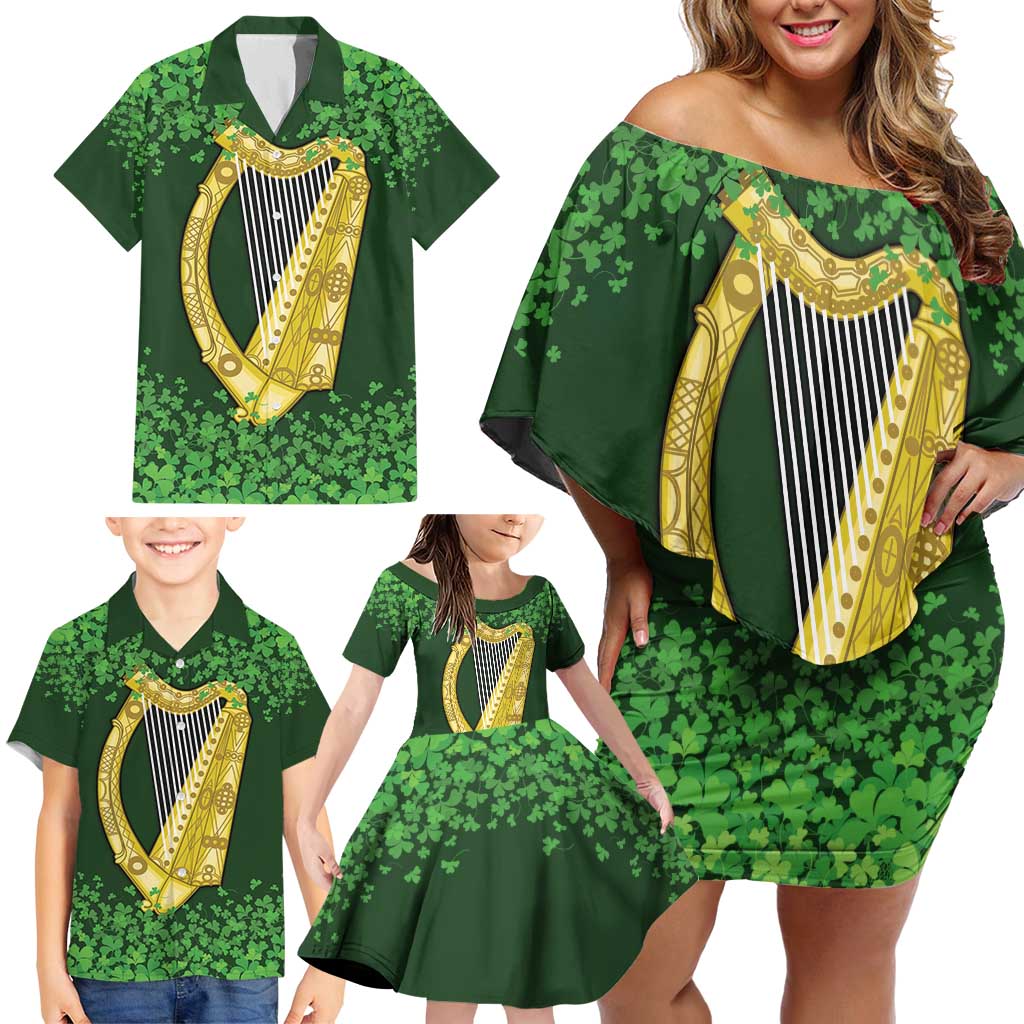 Ireland Leinster Gold Irish Harp with Shamrock Family Matching Off Shoulder Short Dress and Hawaiian Shirt Laighin Flag With Shamrock Patern