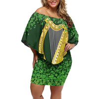 Ireland Leinster Gold Irish Harp with Shamrock Family Matching Off Shoulder Short Dress and Hawaiian Shirt Laighin Flag With Shamrock Patern