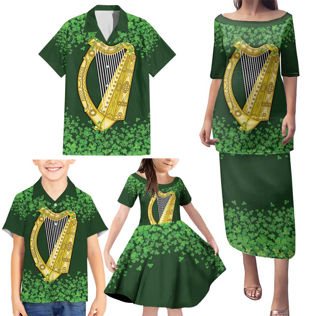 Ireland Leinster Gold Irish Harp with Shamrock Family Matching Puletasi and Hawaiian Shirt Laighin Flag With Shamrock Patern