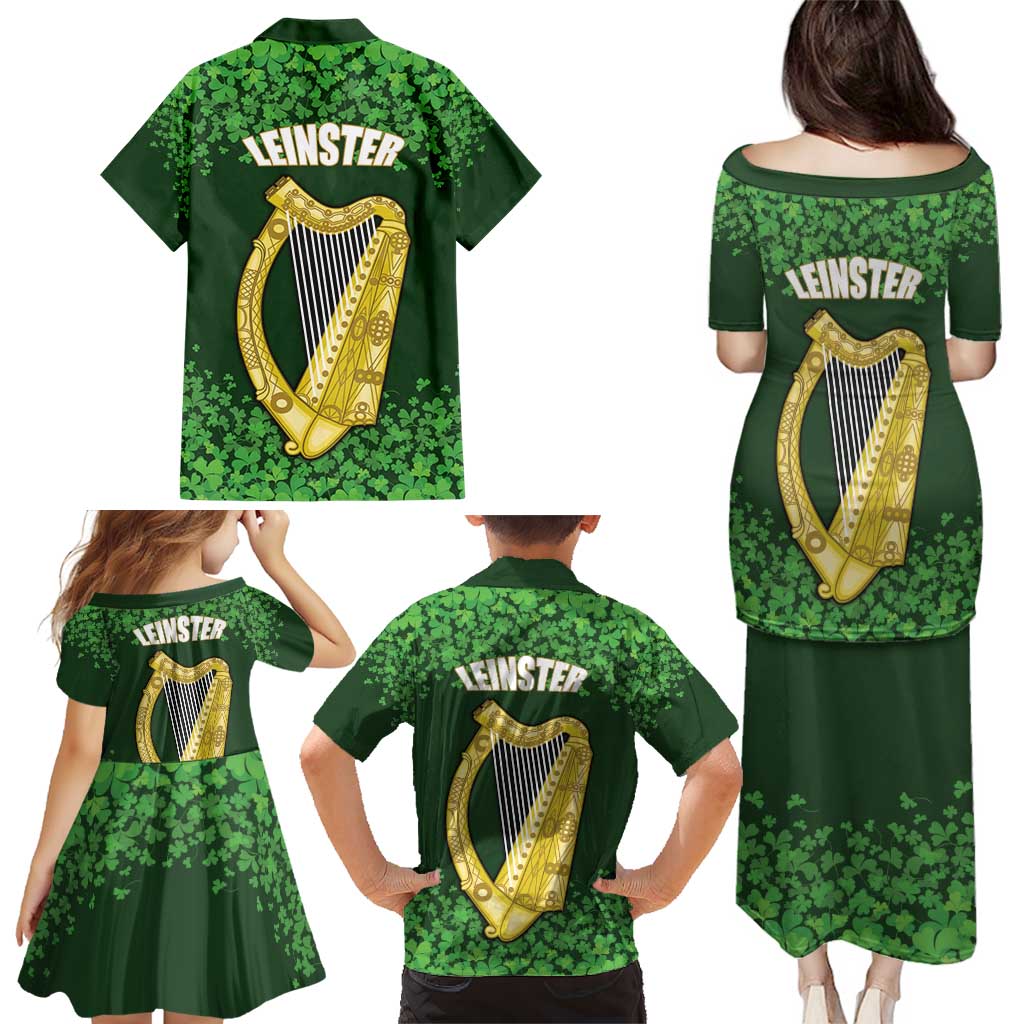 Ireland Leinster Gold Irish Harp with Shamrock Family Matching Puletasi and Hawaiian Shirt Laighin Flag With Shamrock Patern