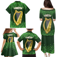 Ireland Leinster Gold Irish Harp with Shamrock Family Matching Puletasi and Hawaiian Shirt Laighin Flag With Shamrock Patern