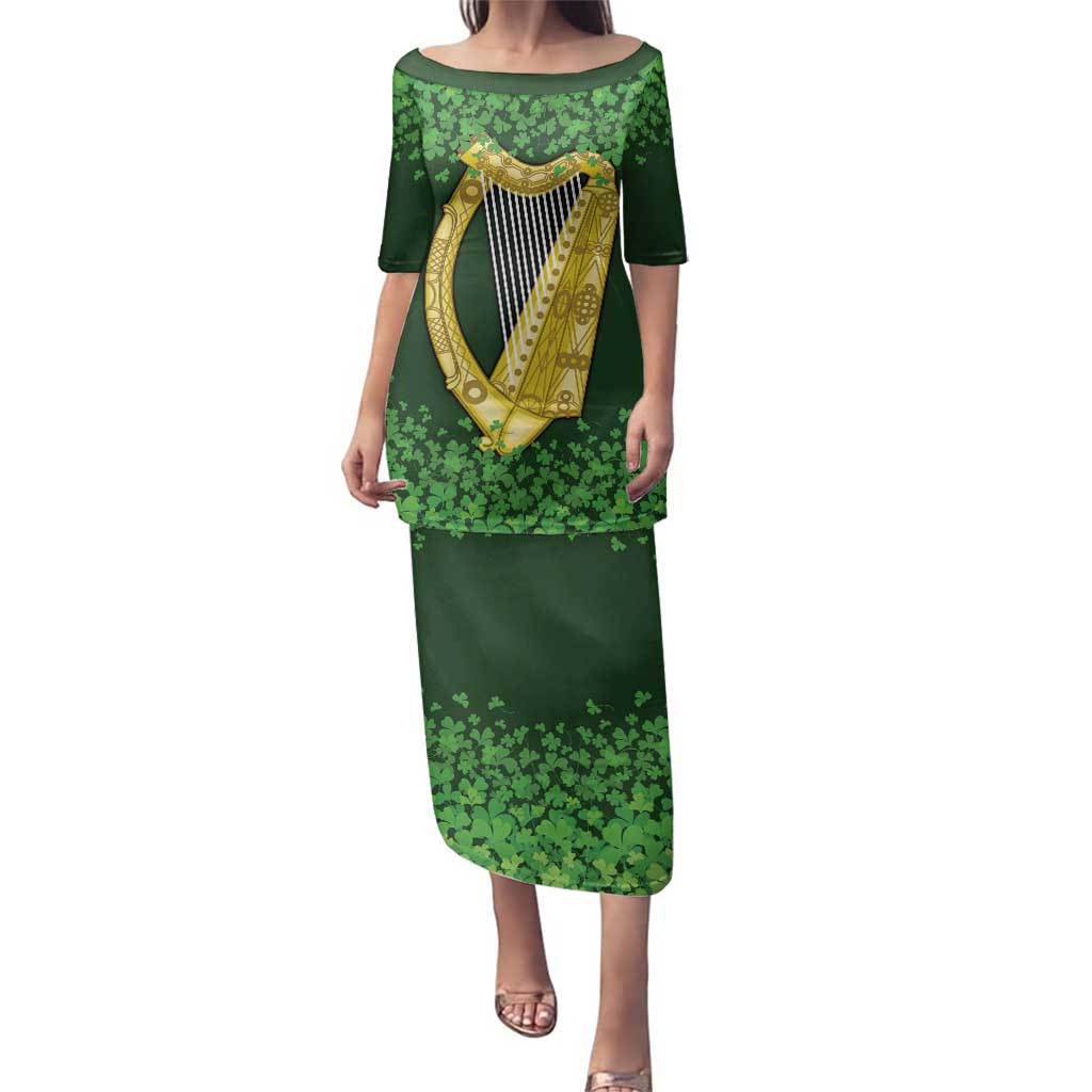 Ireland Leinster Gold Irish Harp with Shamrock Family Matching Puletasi and Hawaiian Shirt Laighin Flag With Shamrock Patern