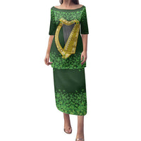 Ireland Leinster Gold Irish Harp with Shamrock Family Matching Puletasi and Hawaiian Shirt Laighin Flag With Shamrock Patern