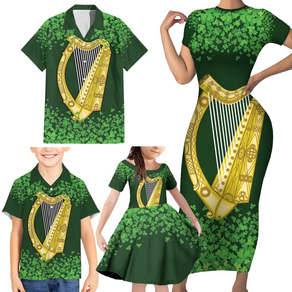 Ireland Leinster Gold Irish Harp with Shamrock Family Matching Short Sleeve Bodycon Dress and Hawaiian Shirt Laighin Flag With Shamrock Patern