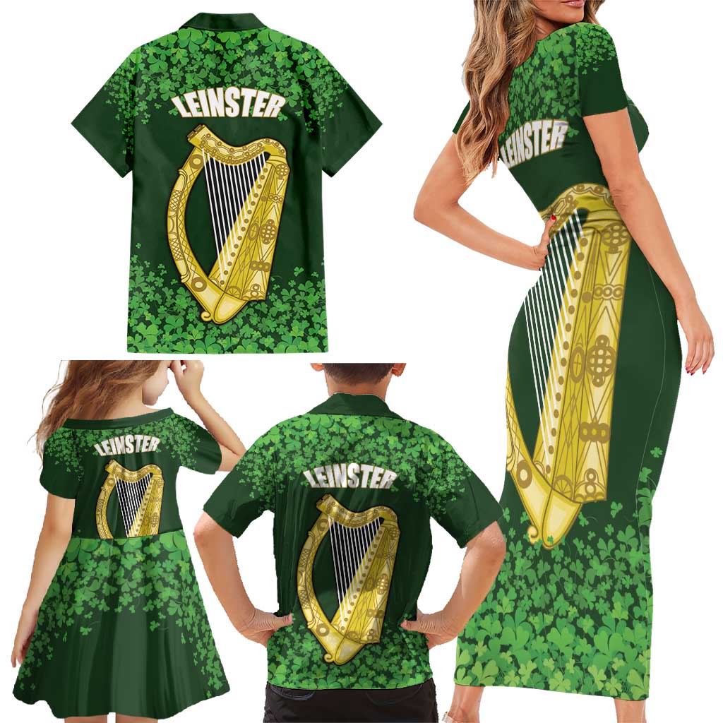 Ireland Leinster Gold Irish Harp with Shamrock Family Matching Short Sleeve Bodycon Dress and Hawaiian Shirt Laighin Flag With Shamrock Patern